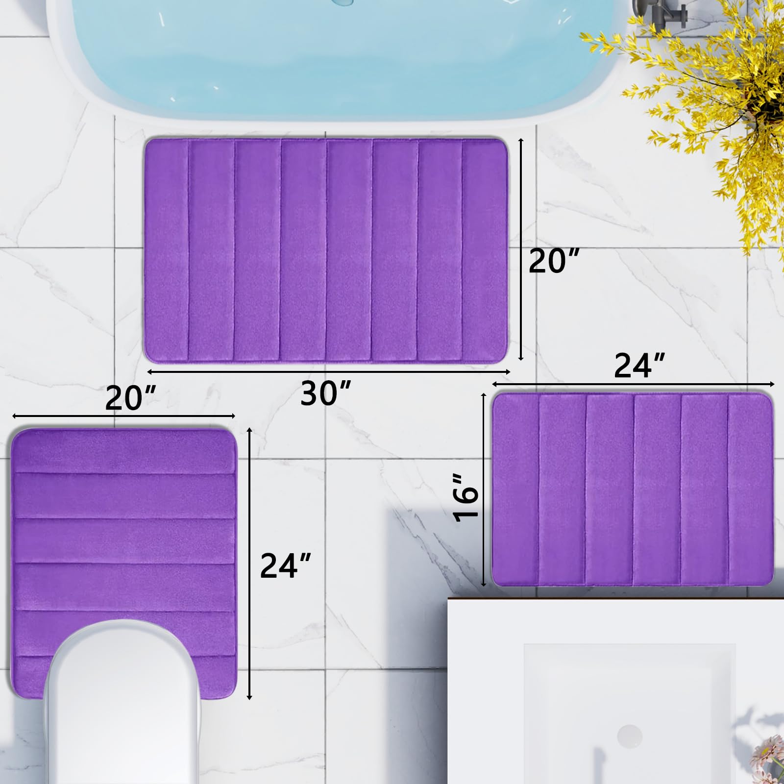 Buganda Memory Foam 3 Pieces Bathroom Rugs Set - Thick Soft Absorbent Non-Slip Bath Mats, Washable Small/Large/Contour Bath Rugs